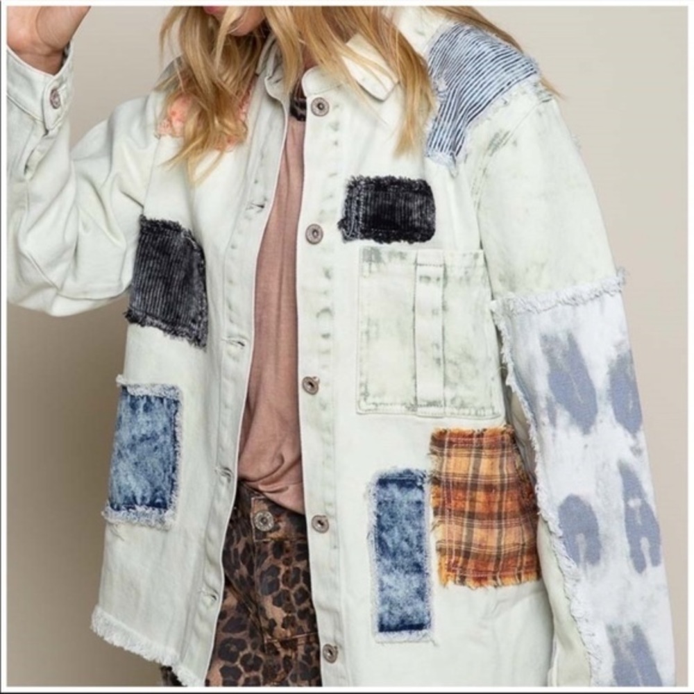POL Western Bleached Denim Jacket Unique Patchwork Acid Wash Tie Dye - Picture 3 of 11